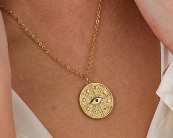 Gold Medaillon Auge Halskette, 18k gold gefüllte böse Auge Halskette für Frauen, Schutz Münzen Auge Halskette