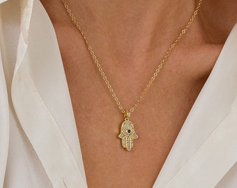 Gold Halskette, Hamsa Hand Halskette, Böser Blick Schutz Halskette für Frauen, Glücksbringer Amulett