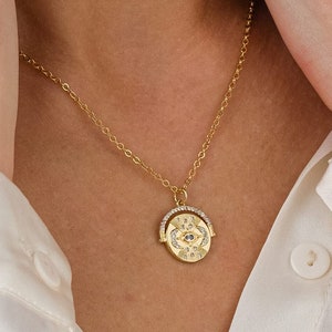 Gold filled medallion necklace, sun and moon coin necklace for women, celestial necklace
