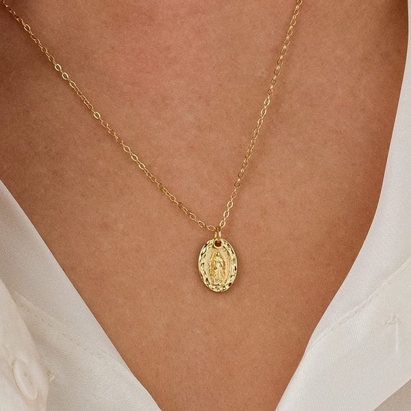 Gold virgin Mary necklace, miraculous pendant necklace, medallion necklace for women, religious necklace