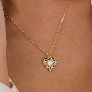 Gold heart necklace, vintage style heart necklace for women