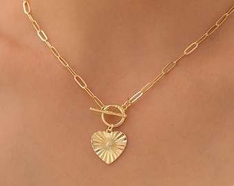 Gold Toggle Herz Halskette, Minimalist Sunburst Herz Anhänger, Anhänger Halskette für Frauen