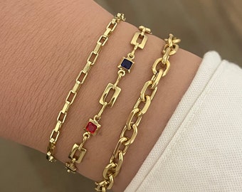 Gold Stacking Bracelets, gold bracelets for women, dainty chain bracelet set, colourful everyday bracelet set