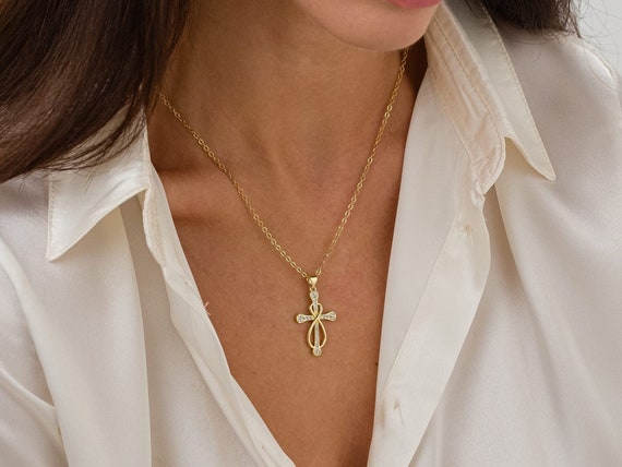 Dark Blue and Clear Cubic Zirconia Cross Necklace with Rope Chain - Nontarnish Dark Blue and Clear Cubic Zirconia Cross Necklace with Rope Chain - Nontarnish