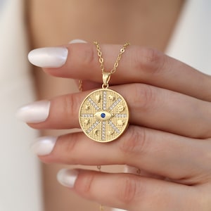 Gold evil eye necklace, 18k gold filled medallion evil eye necklace for women, protection coin eye necklace