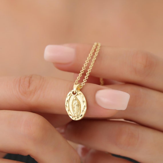 Gold virgin Mary necklace, Mother Marry necklace, medallion necklace for women, religious necklace