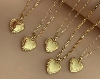 Gold heart locked necklace, gold filled photo locked necklace, vintage style heart necklace for women