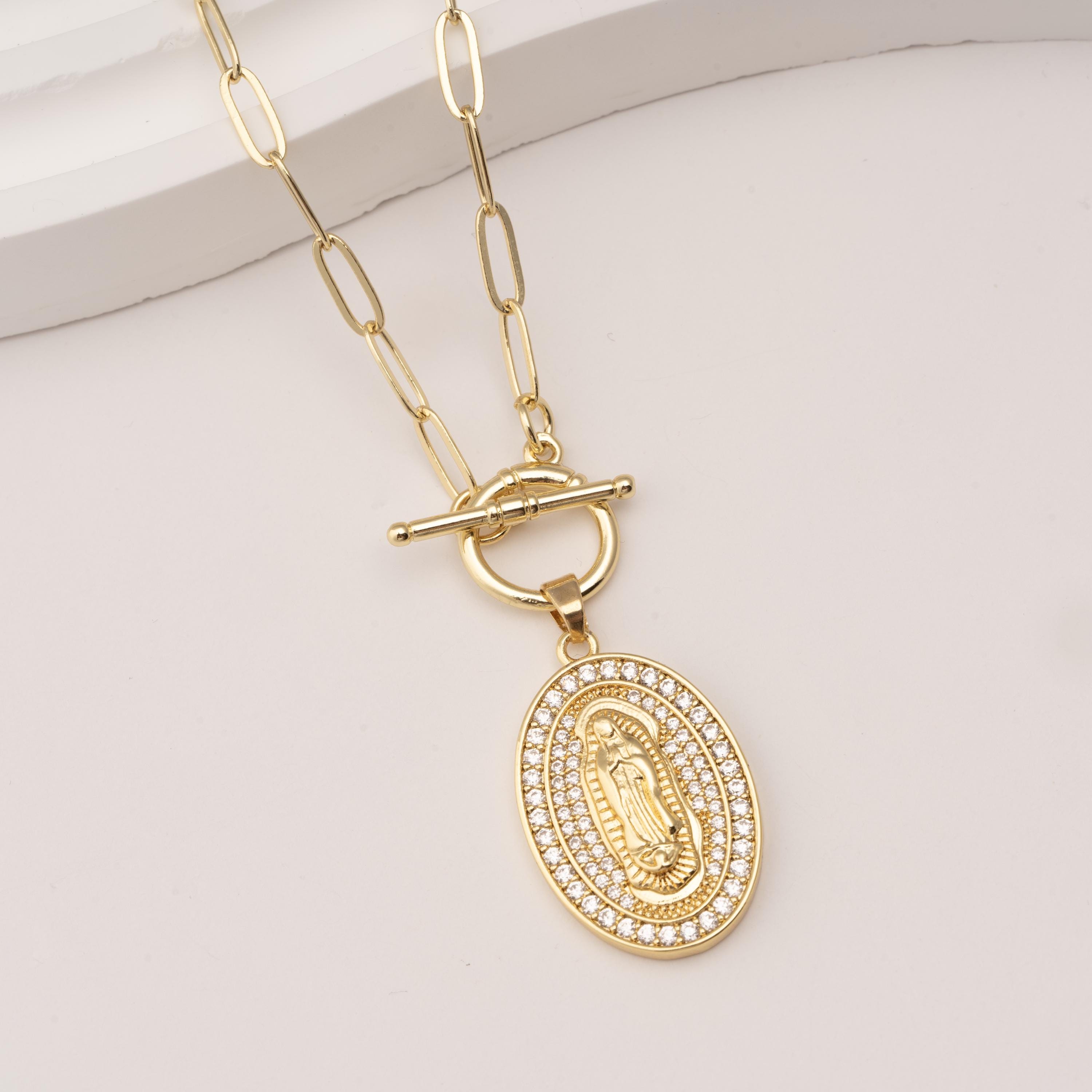 Gold Virgin Mary Necklace, Mother Mary Pendant Necklace, Paperclip