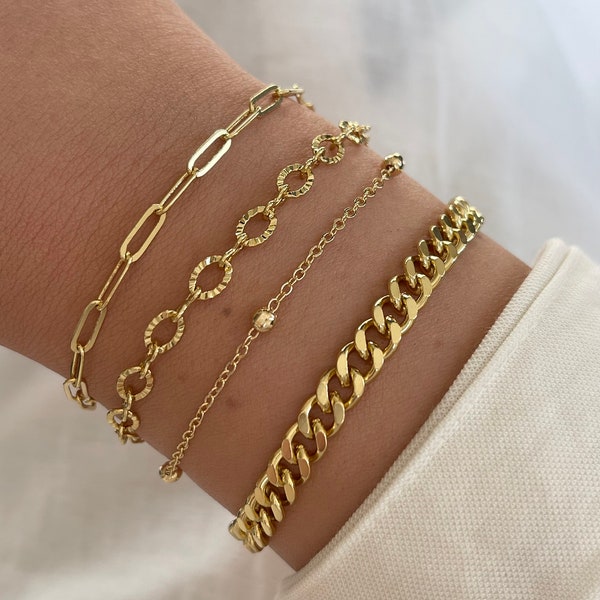 Gouden stapelarmbanden, gouden armbanden voor dames, sierlijke schakelarmbandset