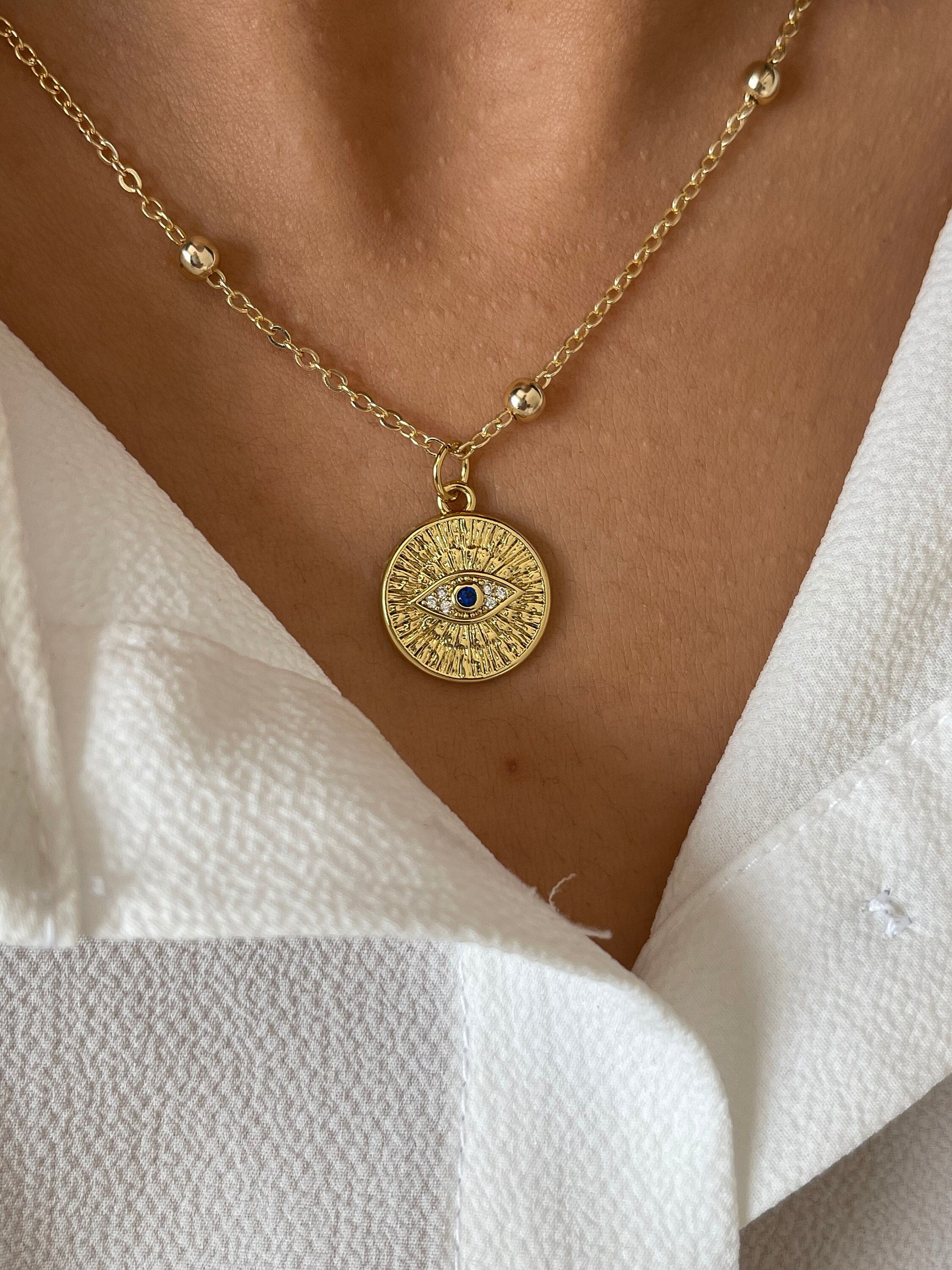 Gold filled evil eye necklace, gold coin pendant necklace for women, non tarnish protection necklace