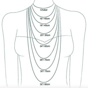 May include: Diagram showing different necklace lengths in inches and centimeters. The lengths are: Choker, 16 inches/40 centimeters, 18 inches/45 centimeters, 20 inches/50 centimeters, 24 inches/60 centimeters, 28 inches/70 centimeters, 30 inches/75 centimeters, and 32 inches/80 centimeters.