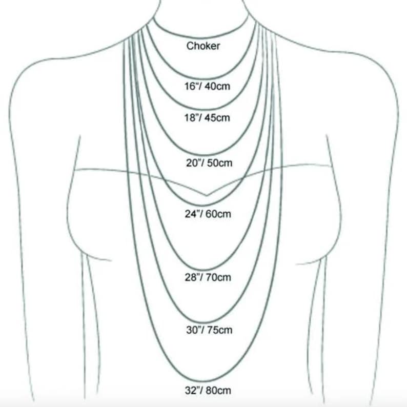 May include: Diagram showing different necklace lengths in inches and centimeters. The lengths are: Choker, 16 inches/40 centimeters, 18 inches/45 centimeters, 20 inches/50 centimeters, 24 inches/60 centimeters, 28 inches/70 centimeters, 30 inches/75 centimeters, and 32 inches/80 centimeters.