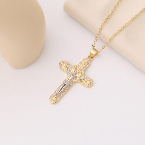 Acquista 14KRGP Croce Gesù Ciondolo a cuore bianco e oro Collana con ciondolo gioielli da donna Catena in argento in Italia a partire da 9.21