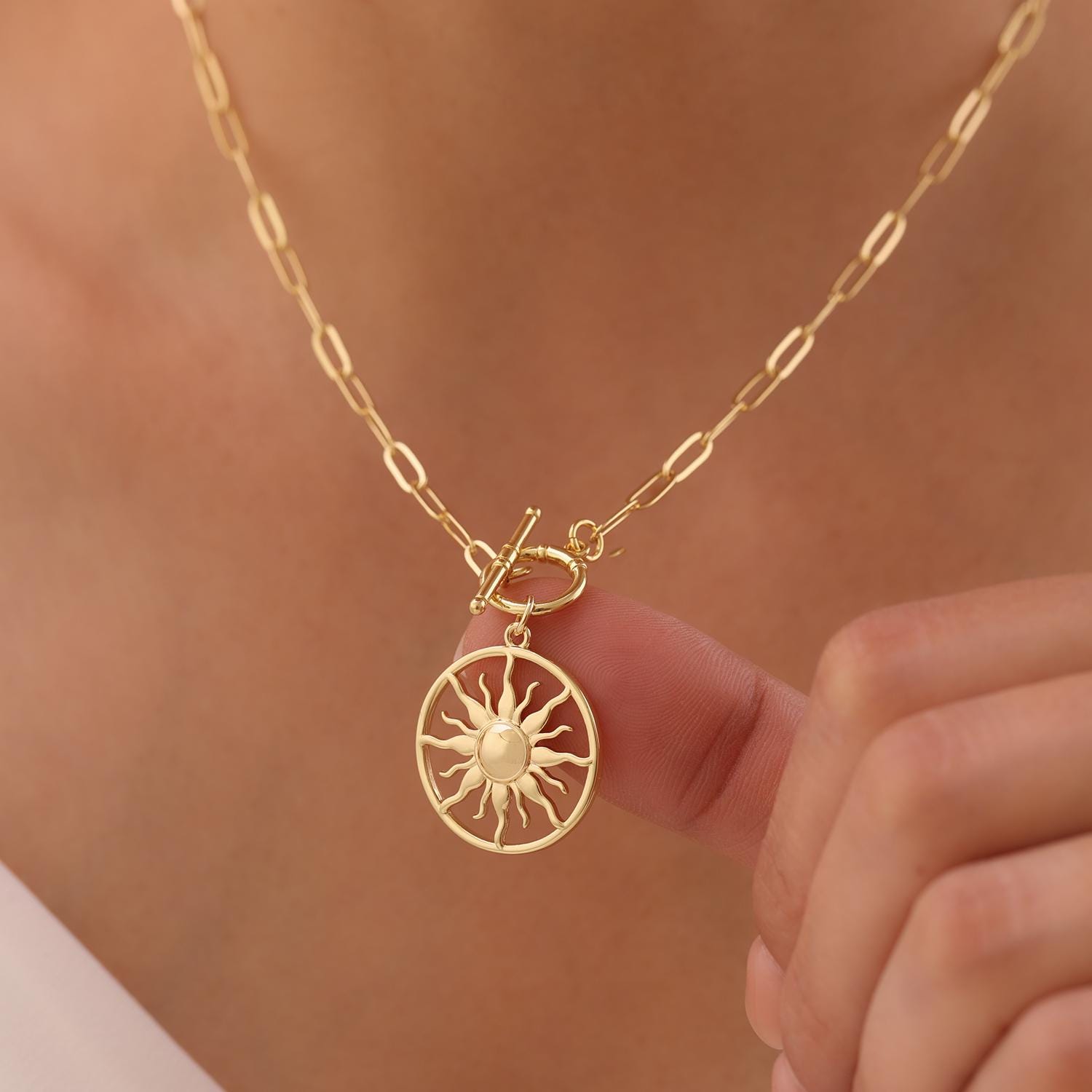 Gold Sun Pendant Necklace, Toggle Clasp Sun Necklace for Women