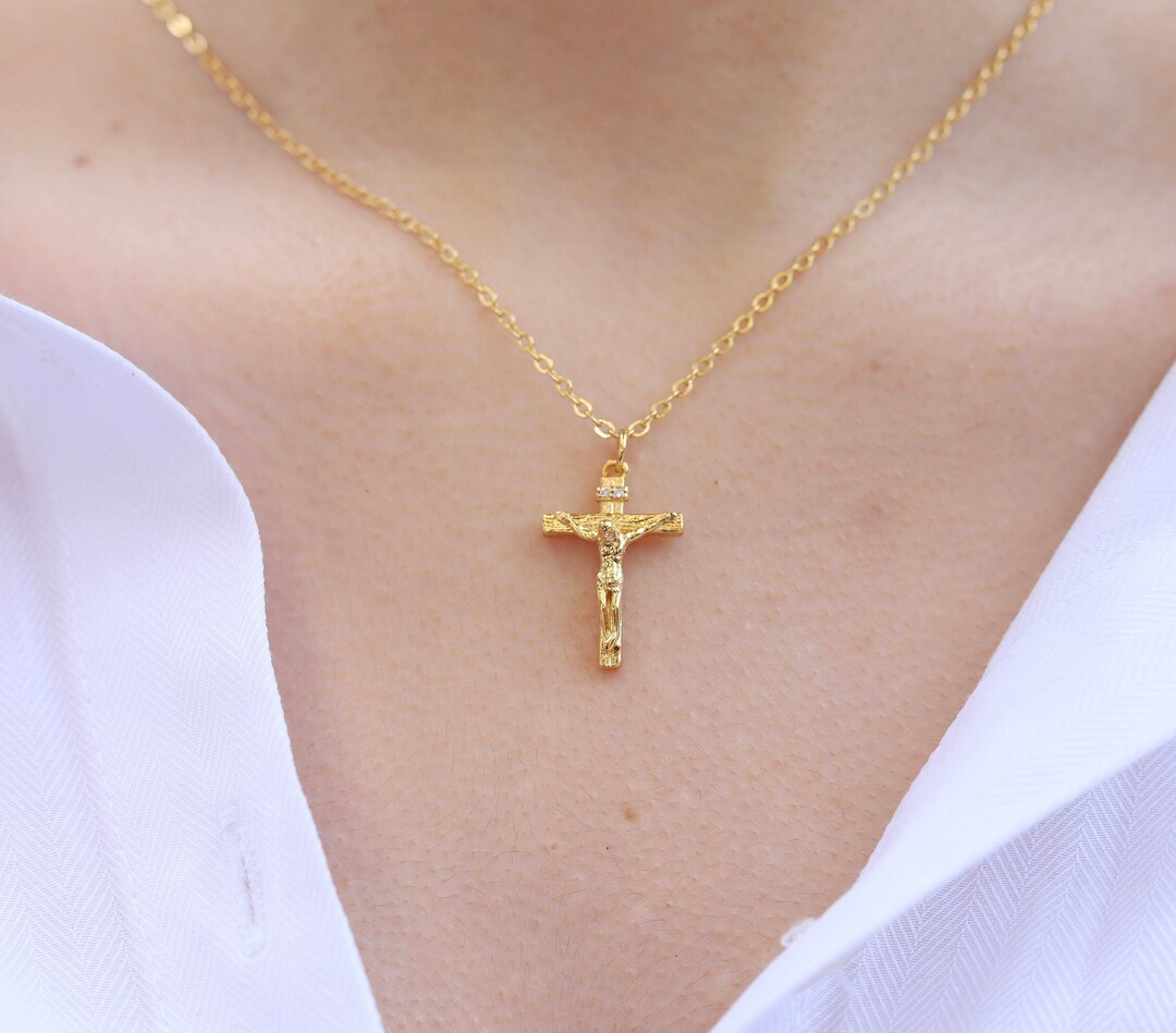Gold Jesus Necklace, Gold Filled Cross Pendant Necklace for Women