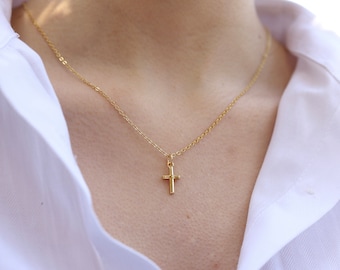Dainty cross necklace, gold filled tiny cross pendant necklace for women