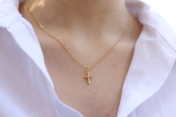 Dainty cross necklace, gold filled tiny cross pendant necklace for women