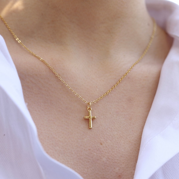 Dainty cross necklace, gold filled tiny cross pendant necklace for women