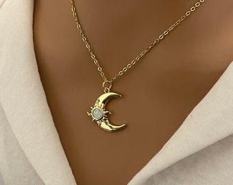 Gold filled opal moon necklace, Crescent Moon and sun Necklace, Dainty Gold Moon Pendant necklace for women
