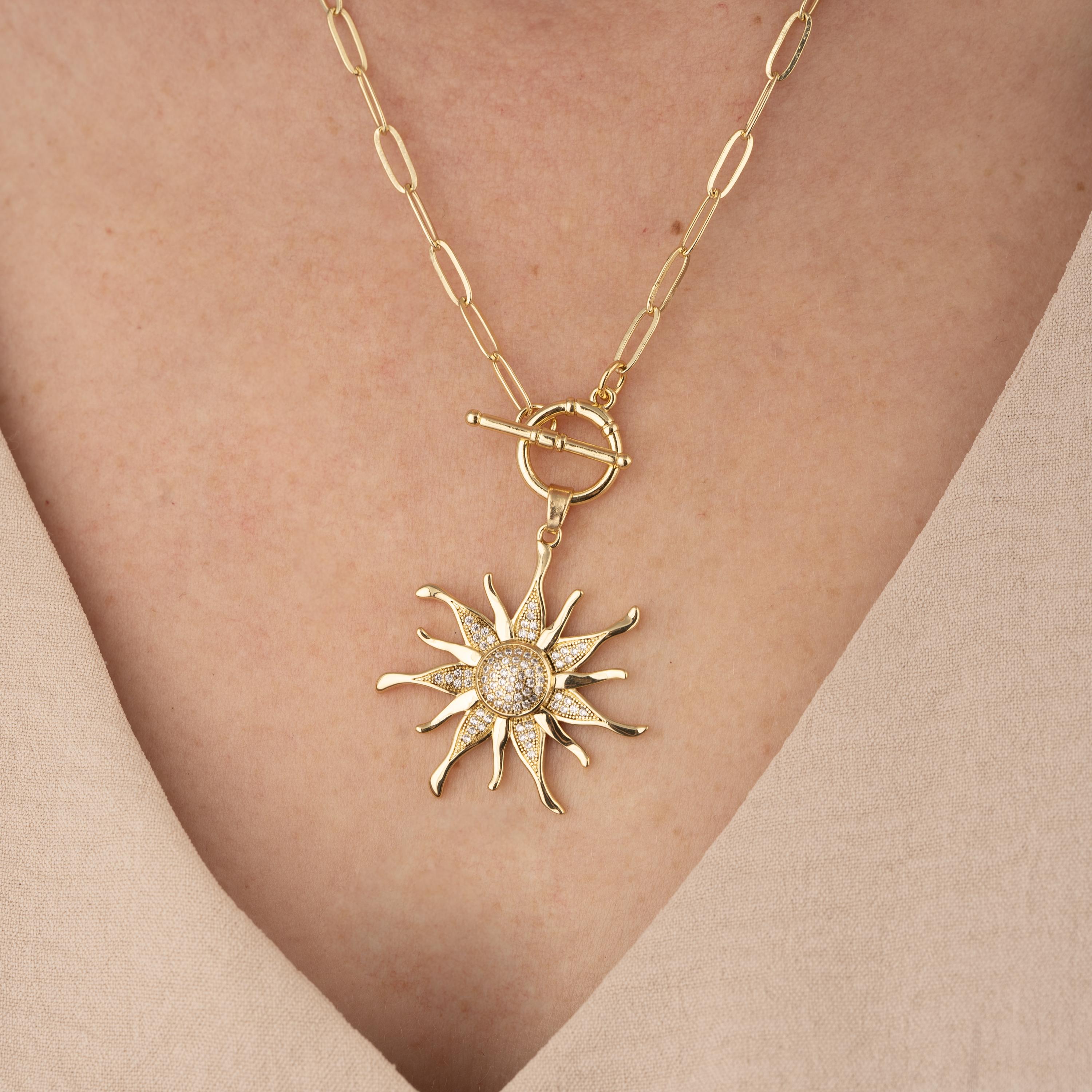 Gold Filled Sun Necklace, Zirconia Sun Pendant Necklace for Women