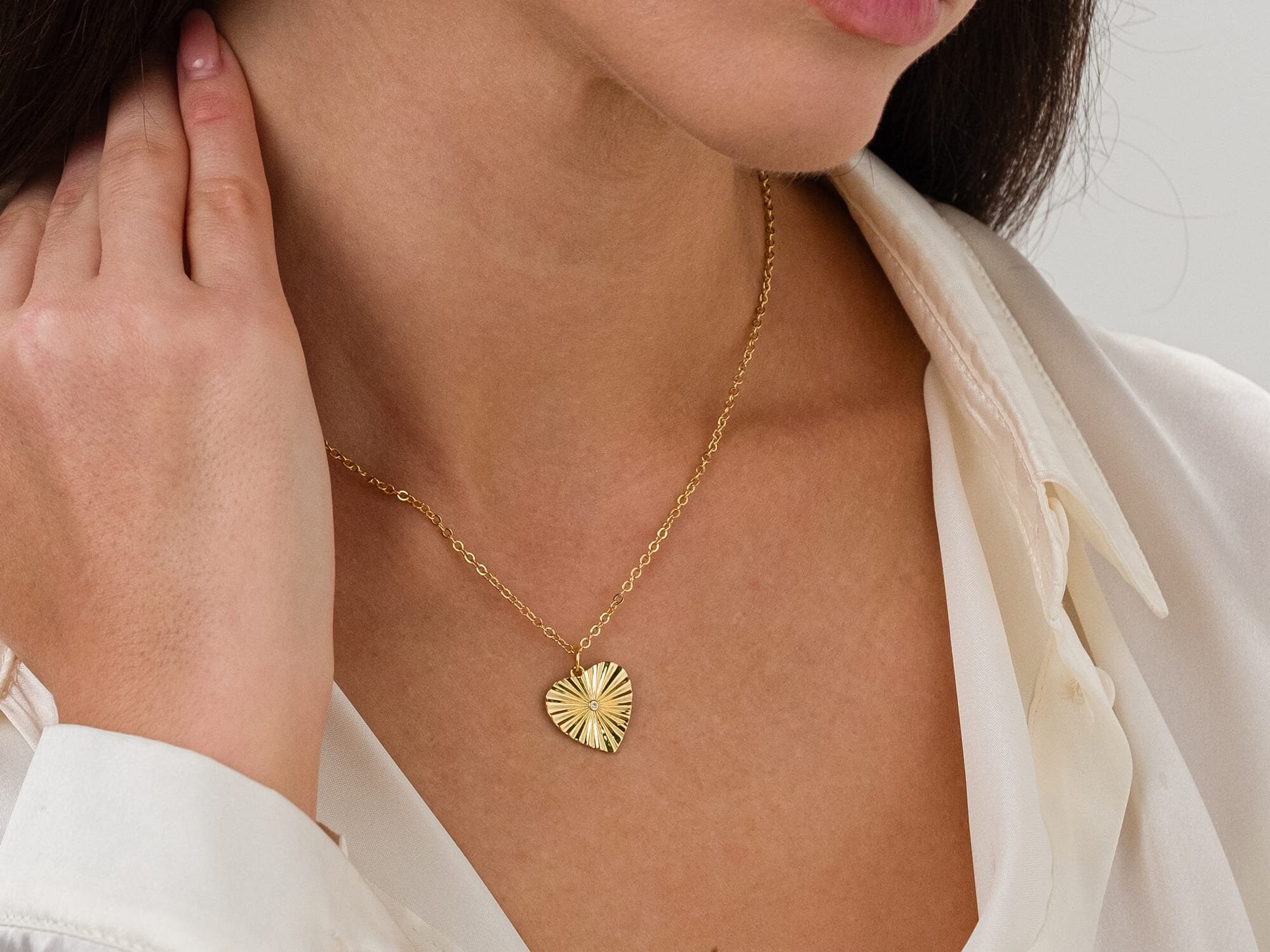 Gold Heart Necklace, Gold Filled Sunburst Pendant Necklace