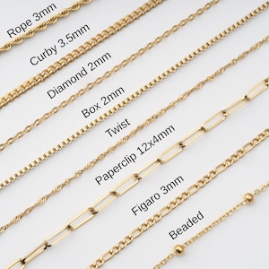 May include: An assortment of gold-coloured chain necklaces, featuring styles such as Rope 3mm, Curby 3.5mm, Diamond 2mm, Box 2mm, Twist, Paperclip 12x4mm, Figaro 3mm, and Beaded. The chains are shown on a white backdrop.