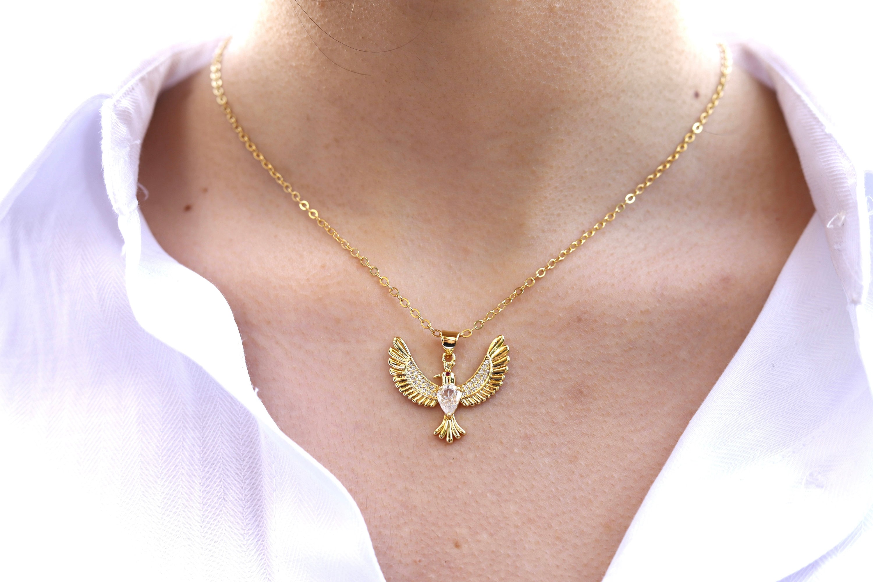 Gold Phoenix Necklace, 18K Gold Filled Bird Pendant Necklace for