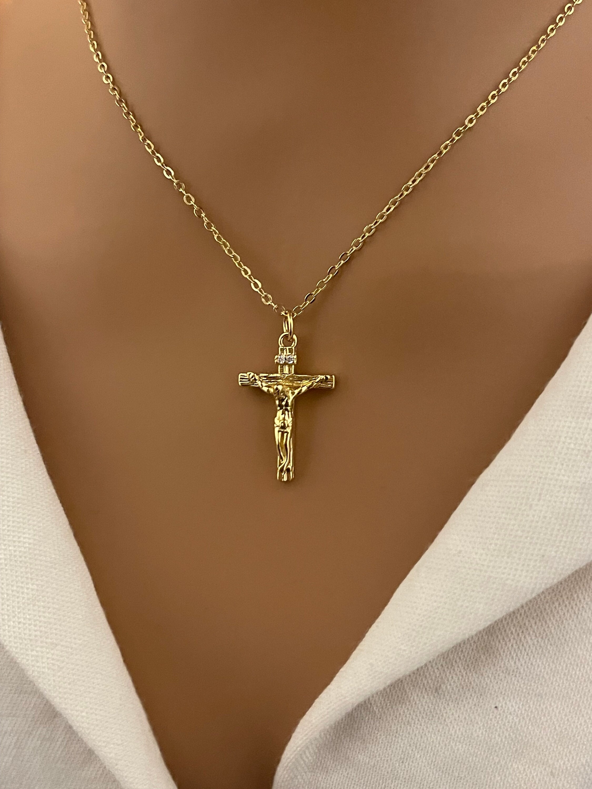 Gold Jesus Necklace, gold filled cross pendant necklace for women, religious gift for Christians