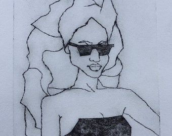 May include: A black and white line drawing of a person wearing sunglasses and a strapless top. The drawing is signed "M. Waters" and numbered "1/6".