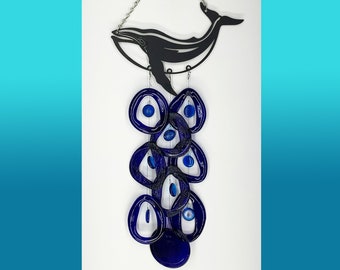 Whale, Metal Top Recycled Wine Bottle, Wind Chime, nautical theme, save the whale, beach decor, wall hanging, handmade