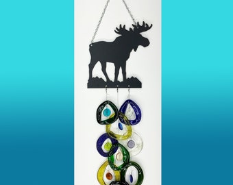 Moose, Metal Top Recycled Wine Bottle, Wind Chime, cabin decor, porch decor, outdoor theme, mountain decor, fathers gift, handmade