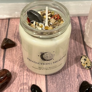 Protection & Healing Intention Candle 8oz~ Herb, Crystal, Incense Infused~ Manifestation, Affirmation Candle ~Soy Wax