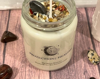 Protection & Healing Intention Candle 8oz~ Herb, Crystal, Incense Infused~ Manifestation Candle ~Soy Wax