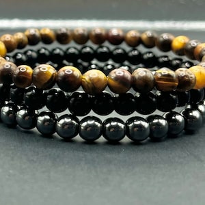 Ministapelarmbanden met drievoudige bescherming~ Tijgeroog~ Obsidiaan~ Hematiet~ 6 mm
