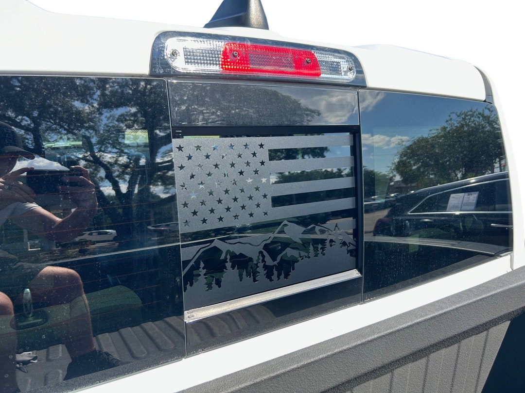 Ram Rear Window Graphics 2002-2024 Fits Ram 1500 Rear Sliding Window Clean Flag Mountain Decals ...
