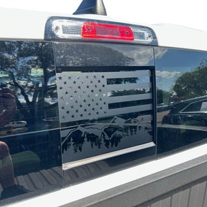 2002-2024 Fits Ram 1500 Rear Sliding Window Clean Flag Mountain Decals Auto Vinyl Stripes 3M Decals Graphics And Stickers