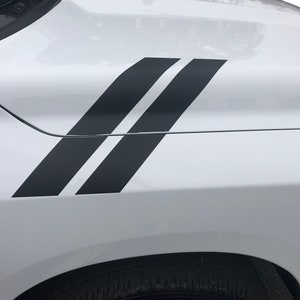 Può includere: Un pick-up bianco con doppie strisce da corsa nere sul cofano. Le strisce sono inclinate e hanno un contorno bianco.