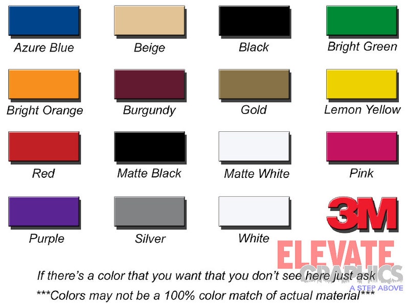 K&ouml;nnte beinhalten: Eine Tabelle mit 16 verschiedenen Farbmustern und ihren Namen. Die Farben umfassen Azurblau, Beige, Schwarz, Hellgr&uuml;n, Orange, Burgunderrot, Gold, Zitronengelb, Rot, Mattschwarz, Mattwei&szlig;, Pink, Lila, Silber und Wei&szlig;. Die Tabelle enth&auml;lt auch das 3M-Logo und den Text "ELEVATE GRAPHICS A STEP ABOVE".