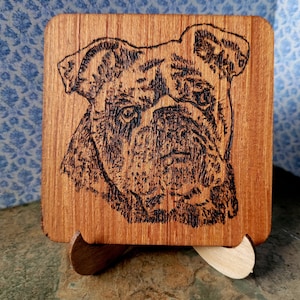 Bulldog Teak Sign & Coaster  Pyrography Engraved Wooden Coaster  Unique Bulldog Gift, Handmade Teacher and Family Accessories