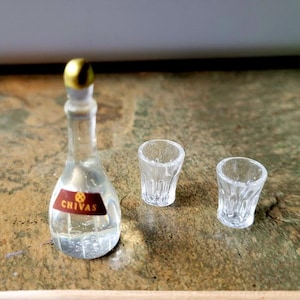 Miniature Alcohol Bottle and 2 Glasses Set, Dollhouse Miniature Alcohol Bottle, Bar Decor, Tiny Summer Drink Accessory, Fairy Garden Prop