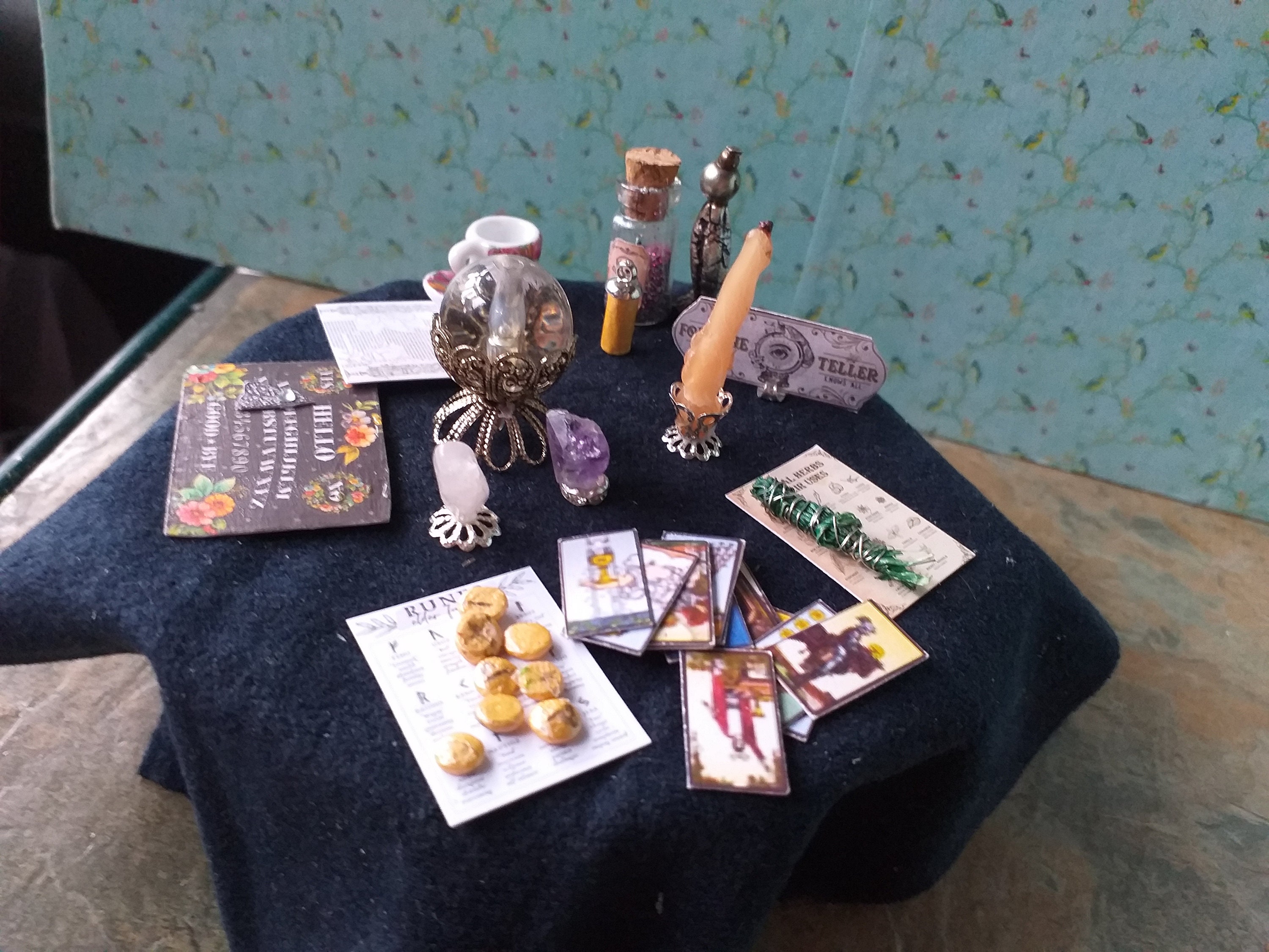 Miniature Fortune Teller Table Crystal Ball Tarot Cards Etsy
