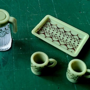 1.12 Scale Miniature Sage Green Tableware Set Tiny Cups and Jug with Tray, Dollhouse Kitchen and Dining Decor