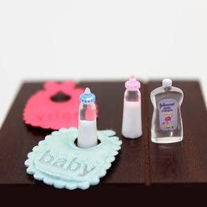 5 Piece Miniature Dollhouse Play Set Baby Bottles, and Bibs, 1 Pink Bib and Bottle, 1 Blue, Nursery Decor & Accessories