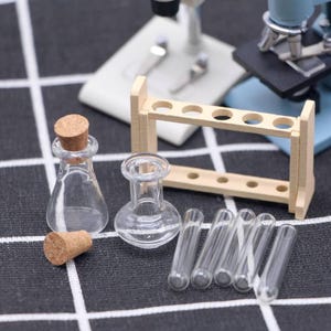 Dolls house Test Tubes, Rack and Flasks, Tiny Scientist Dreams, Miniature Science Lab Set for Dollhouses