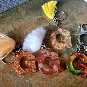 Resin Letter G Keyring, with Handmade Tassel. Custom Made Original Epoxy Resin & Ink initial G Keychain, Various Colours and Designs
