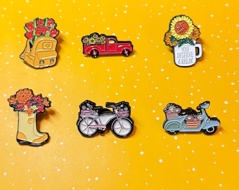 Cute bag bike flowers natural style vintage Enamel Pin - Punky Pins｜pin badge｜special gift for anniversary