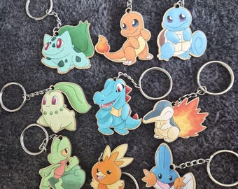 Gen 1-3 Starter Printed Pokemon Wooden Keychains