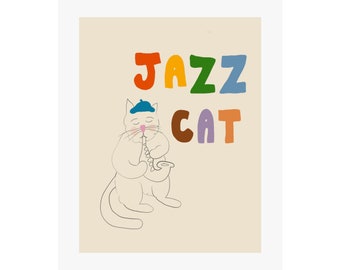 Jazz Cat Fine Art Giclee Print | Bohemian, Mid Century Modern, Illustration, Minimalist, Retro, Vintage, Playroom, Living Room, Playful