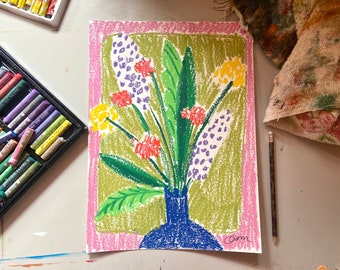 Floral Bouquet Still Life Drawing | oil pastels, bold color, original artwork, flowers, wildflowers, botanical, vibrant, colorful, modern