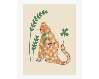 Lucky Cat Fine Art Giclee Print | Playful, Colorful, Modern, Nursery, Trendy, Four Leaf Clover, Minimalist, Boho, Nature, Floral, Pastel